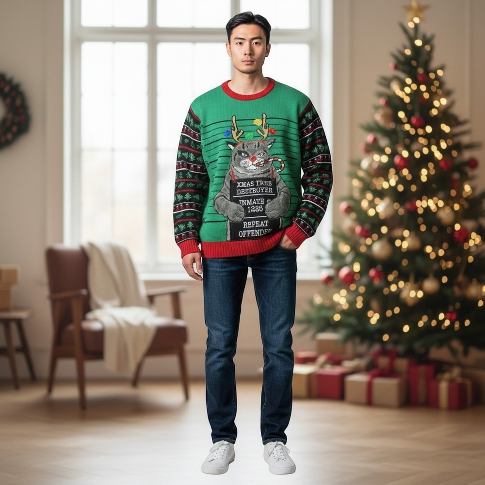 Blizzard Bay Sweater Men's XL Green Xmas Tree Destroyer Cat Mugshot